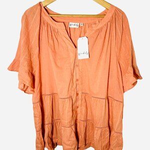 Wonderly Peach Rally Cotton Top Size 2X Relaxed Ruffles Button Blouse